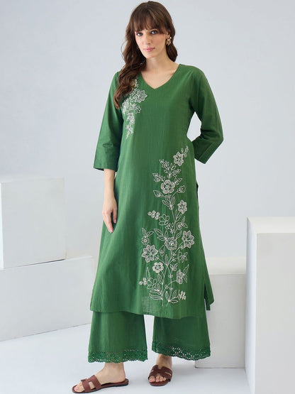Women Floral Embroidered Regular Thread Work Pure Cotton Kurta with Palazzos