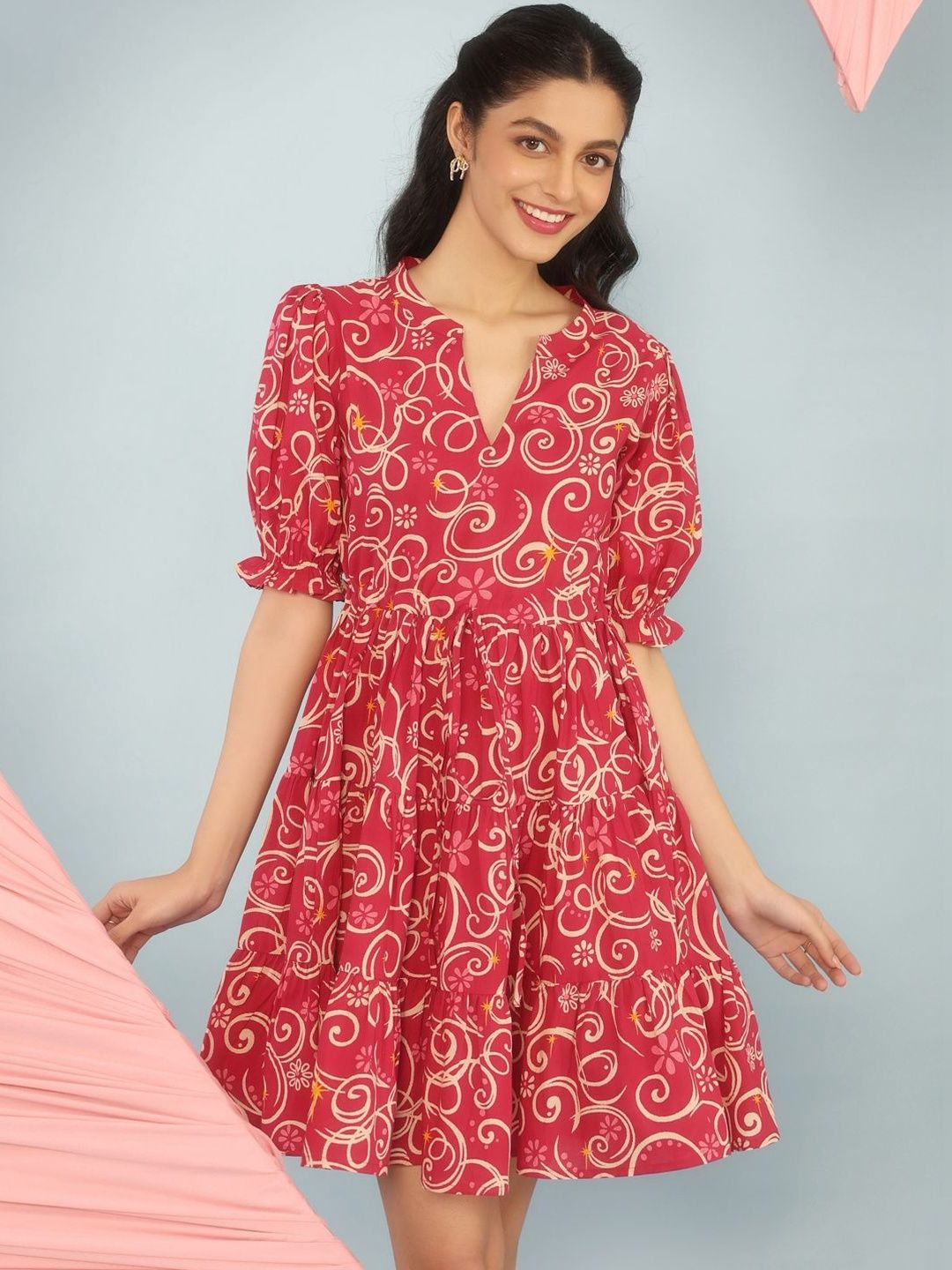Dhiyona AY Women's Print Puff Sleeve Fit & Flare Dress