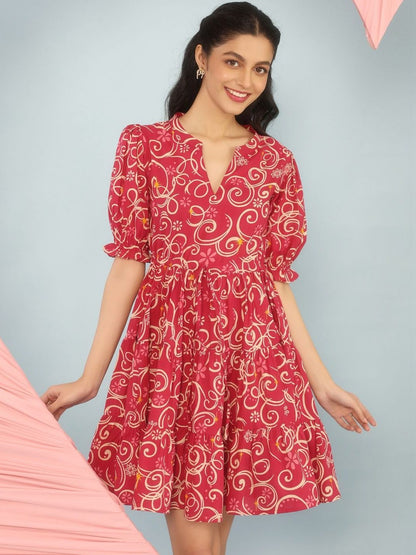 Dhiyona AY Women's Print Puff Sleeve Fit & Flare Dress