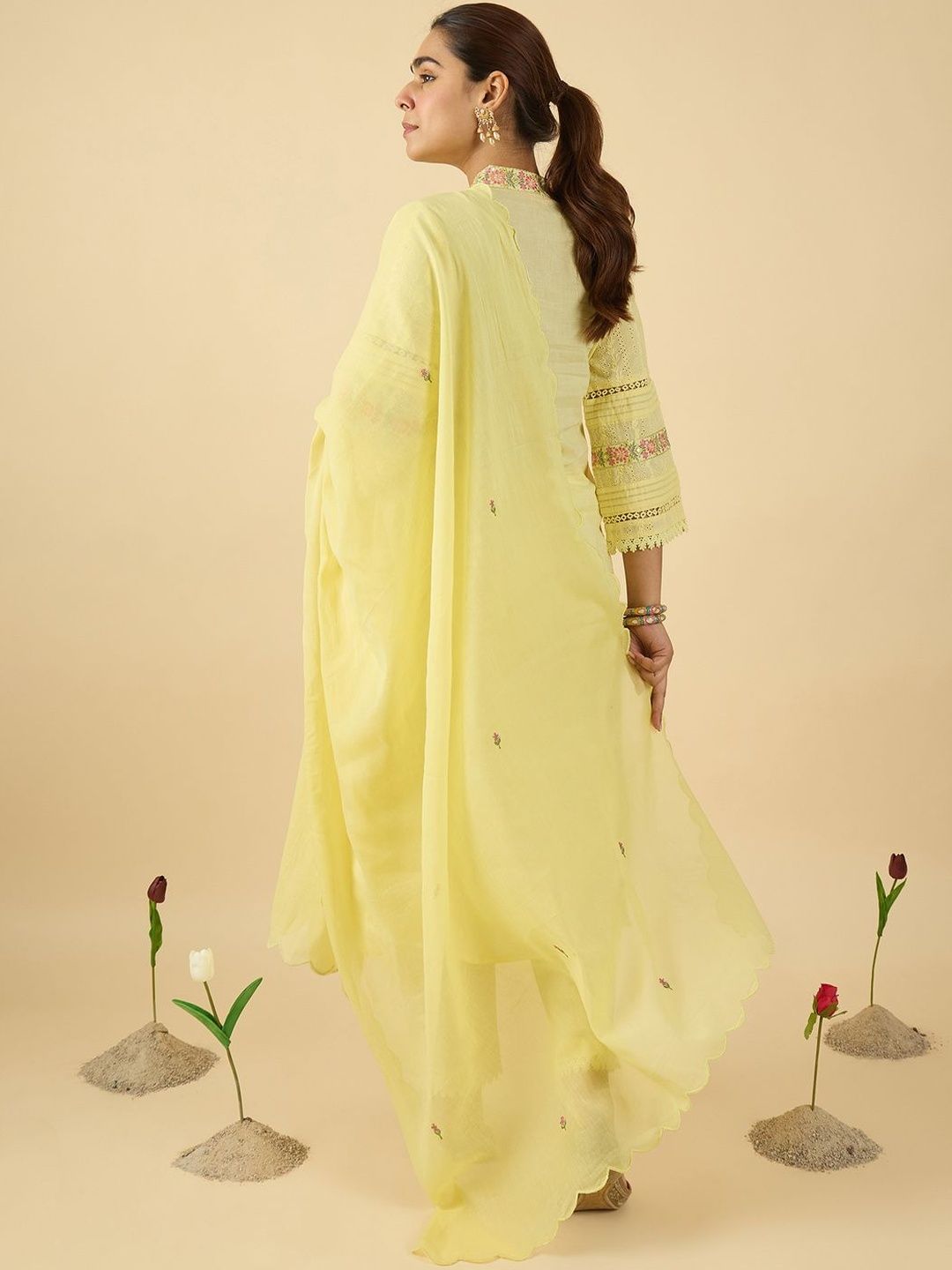 Women Floral Embroidered Cotton Kurta with Trousers & Dupatta