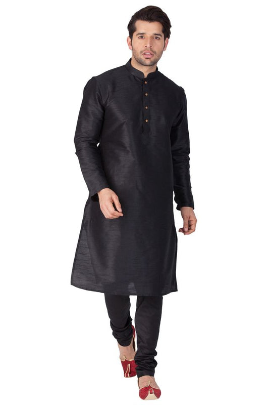 Men's Black Silk Blend Straight Kurta Pyjama Set