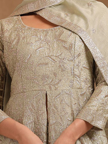 Dhiyona SO Women's Alina Cut Floral Embroidered Empire Sequinned Anarkali Kurta With Palazzo & Dupatta