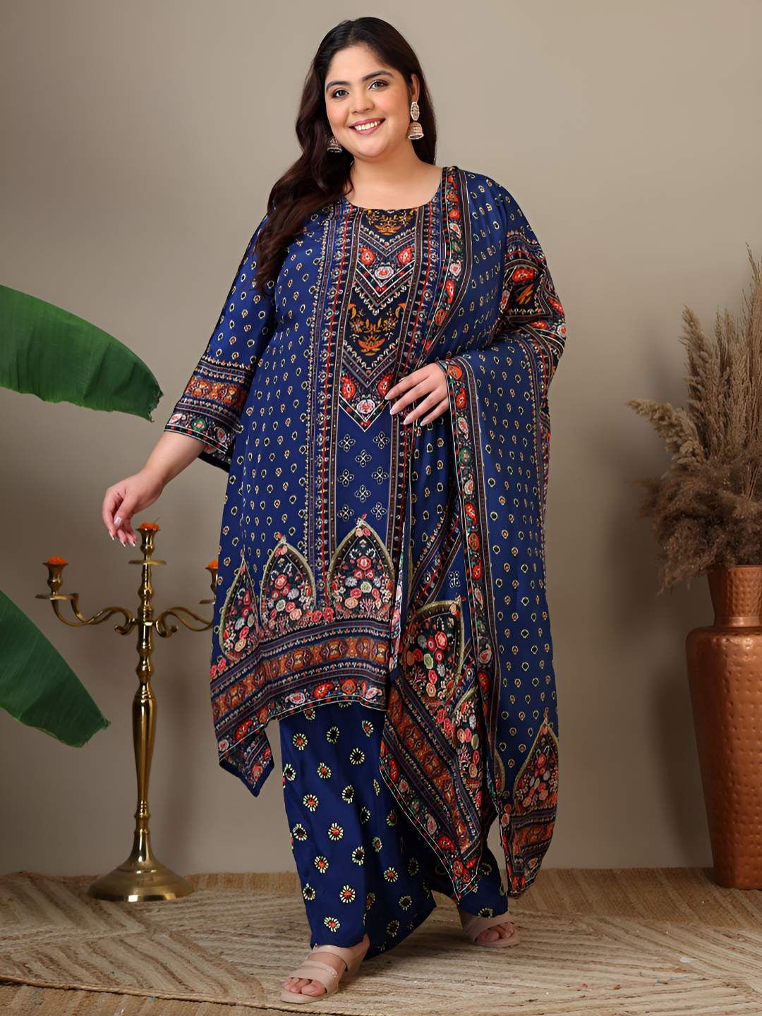 Dhiyona IN Women Plus Size Floral Printed Kurta with Palazzos & Dupatta