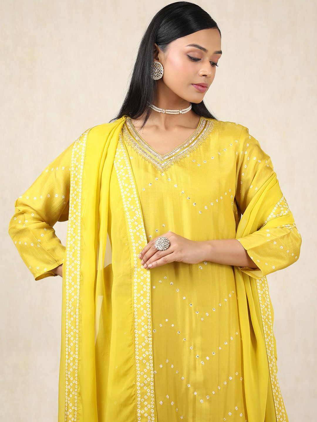 Dhiyona SO Women's Ethnic Motifs Printed Beads And Stones V-Neck Straight Kurta With Palazzos & Dupatta