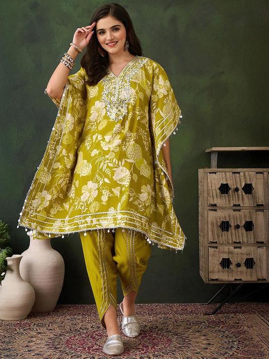 Dhiyona IS Women's Women Floral Printed Kaftan Kurta with Churidar