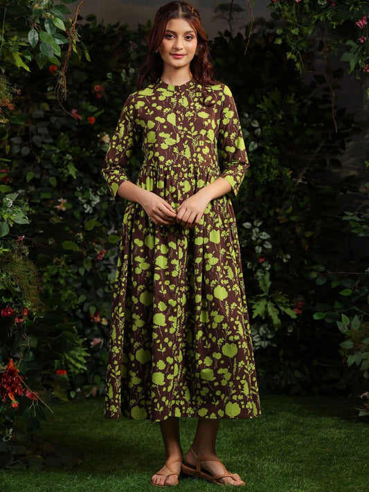 Dhiyona AY Women's Floral Printed Cotton Mandarin Collar Maxi Ethnic Dresses