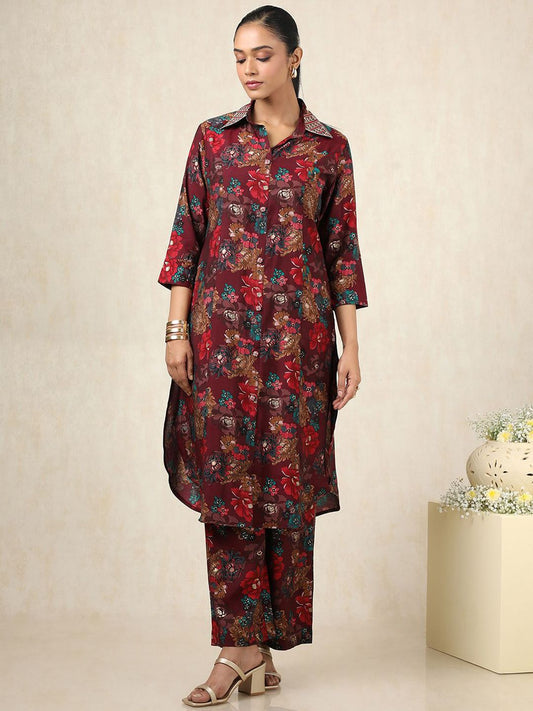 Dhiyona SO Women's Floral Printed Shirt Collar Panelled Muslin Straight Kurta With Trouser