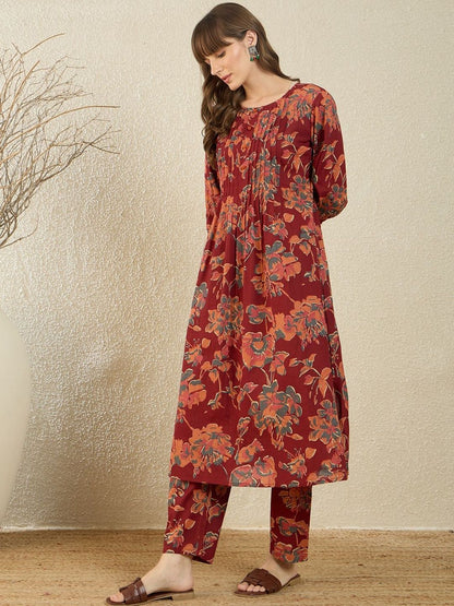 Dhiyona IE Printed V-Neck Three-Quarter Sleeves Pure Cotton Tunic And Trousers