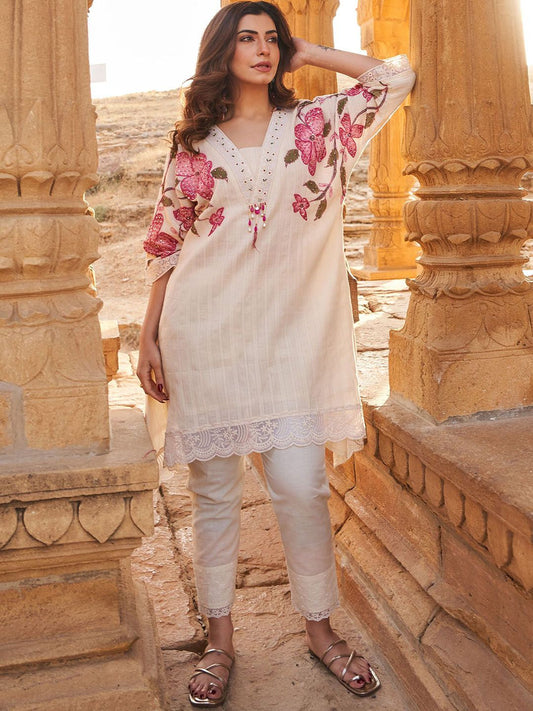 Dhiyona IE Indo era Printed Pure Cotton V Neck Top With Trousers Co-Ords Set