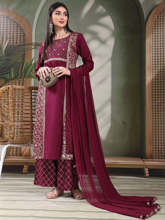 Dhiyona SN Women's Embroidered Straight Kurta With Palazzos & Dupatta