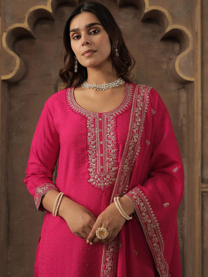 Ethnic Motifs Embroidered Chanderi Cotton Kurta With Trousers & Dupatta