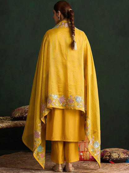 Dhiyona IE Mustard Yellow Floral Embroidered Straight Kurta with Trousers & Dupatta