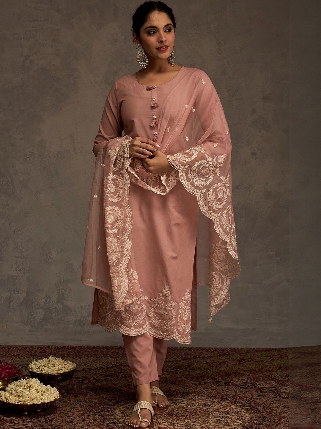 Floral Embroidered Thread Work Pure Cotton Straight Kurta & Trousers With Dupatta