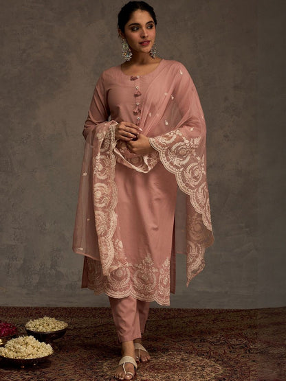 Floral Embroidered Thread Work Pure Cotton Straight Kurta & Trousers With Dupatta