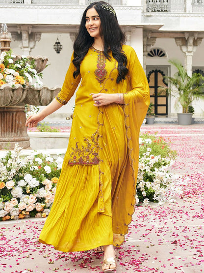 Dhiyona CH Embroidered Round Neck Chinon Sequinned Kurta With Palazzos & Dupatta