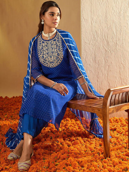 Dhiyona IE Leheriya Embroidered Georgette Straight Kurta With Trousers & Dupatta