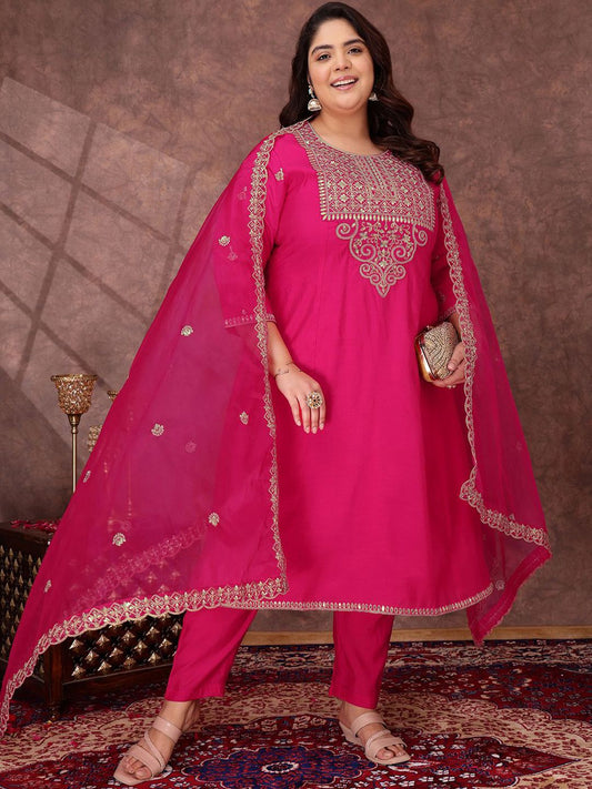 Dhiyona IN Floral Yoke Design Sequinned Anarkali Kurta With Palazzos & Dupatta