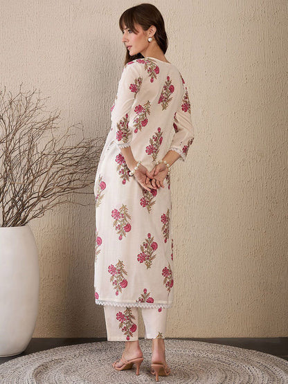 Dhiyona IE Floral Printed Pure Cotton Notch Neck Straight Tunic And Trousers