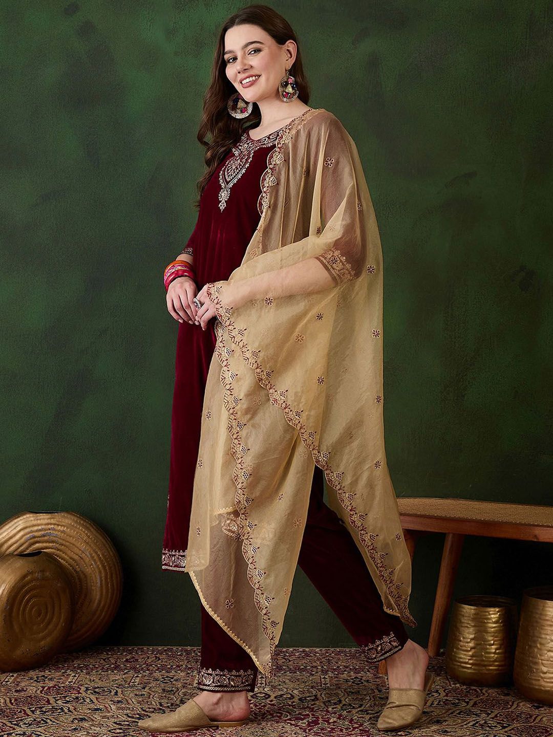 Dhiyona SN Women's Zari Sequence Embroidered Straight Velvet Kurta Trousers With Dupatta