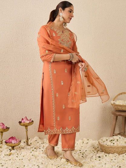 Dhiyona IE Women's Ethnic Motifs Embroidered Thread Work Straight Kurta With Trousers & Dupatta