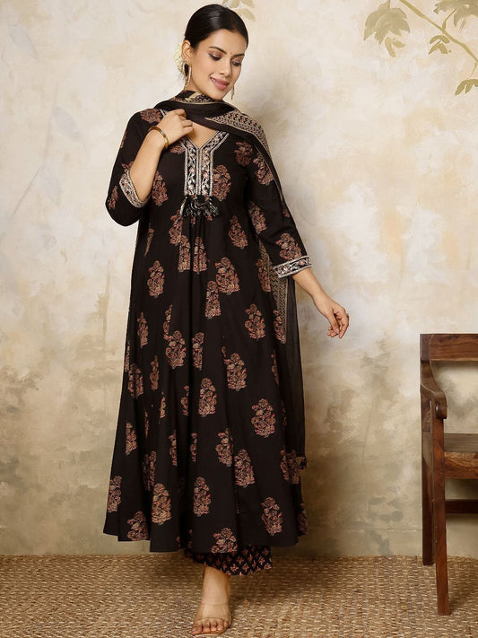 Dhiyona SN Women's Ethnic Motifs Printed Pure Cotton Anarkali Kurta with Palazzo & Dupatta