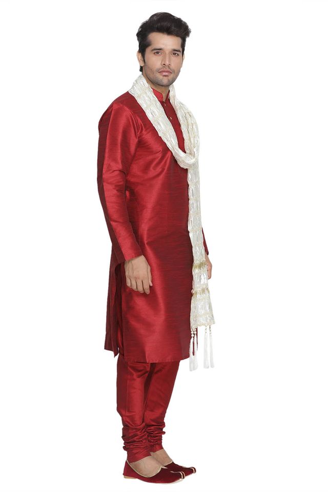 Men's Maroon Silk Blend Straight Kurta  Pyjama & Dupatta Set