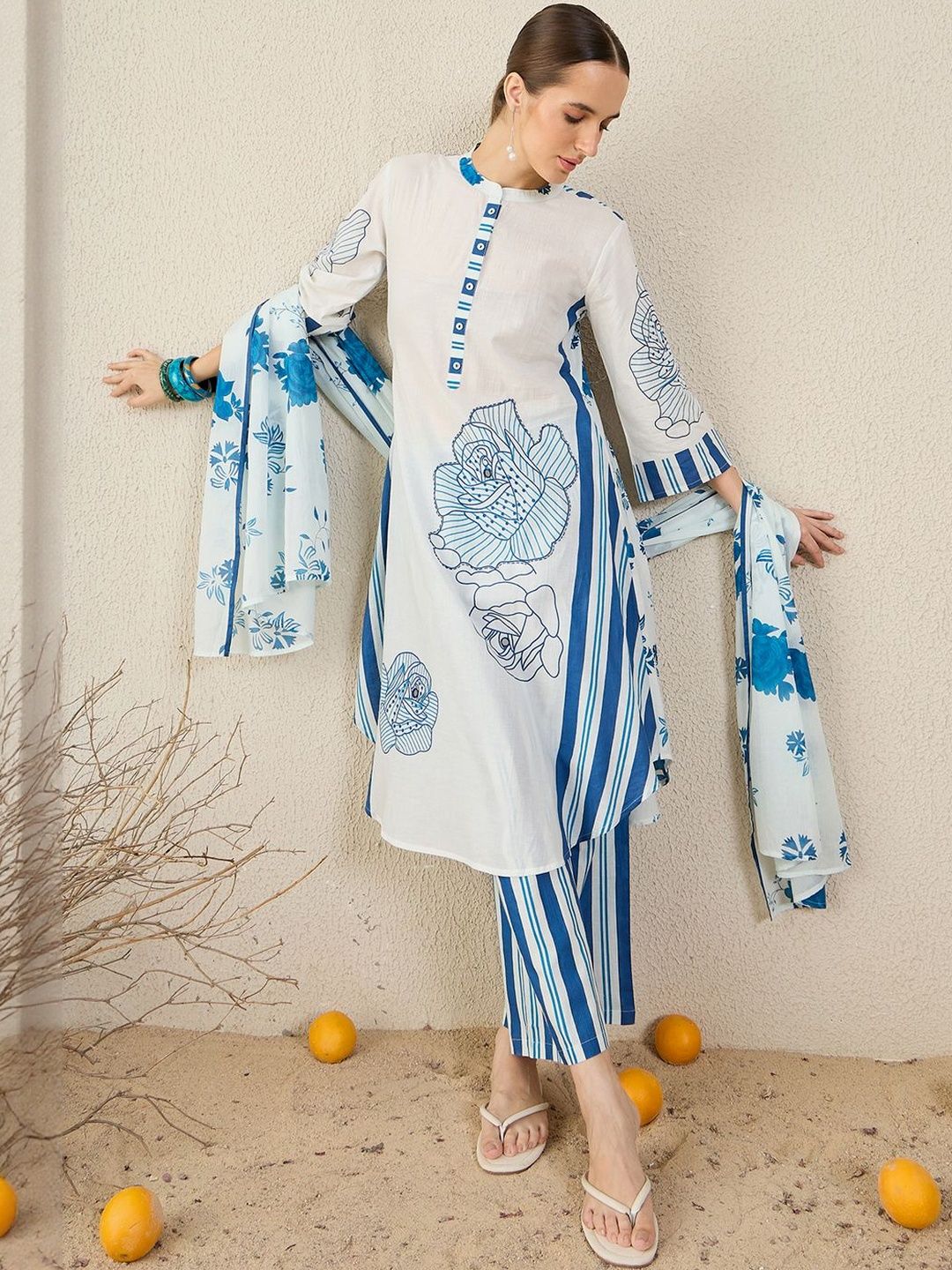 Floral Printed Pure Cotton Kurta With Trouser & Dupatta