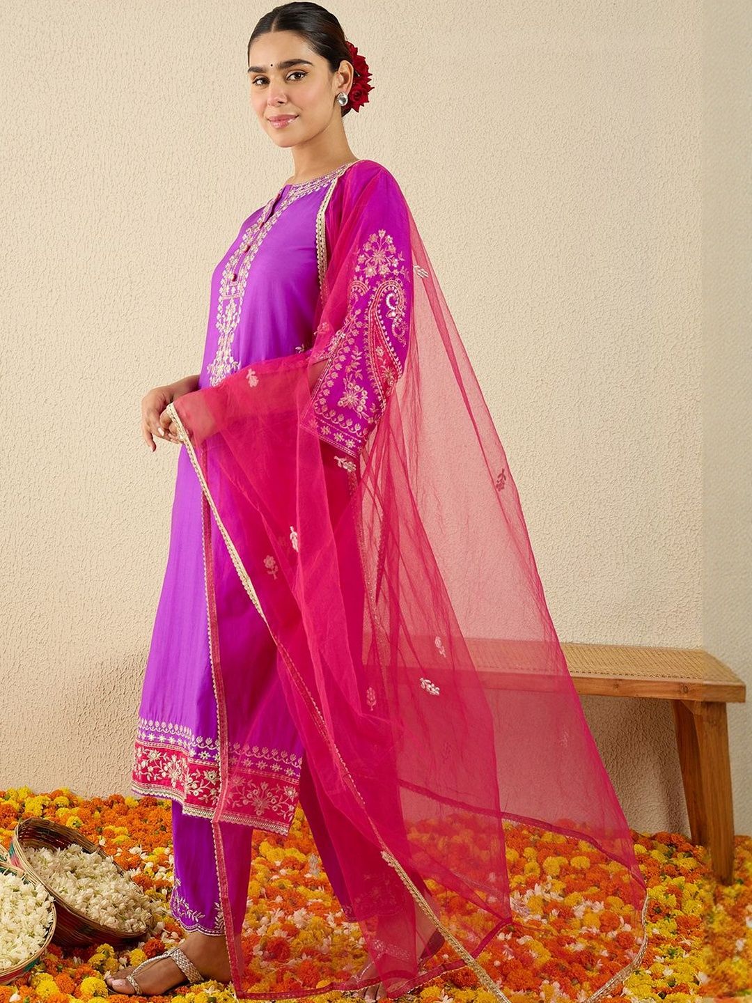 Floral Yoke Design Round Neck Thread Work Straight Kurta & Dupatta with Trousers