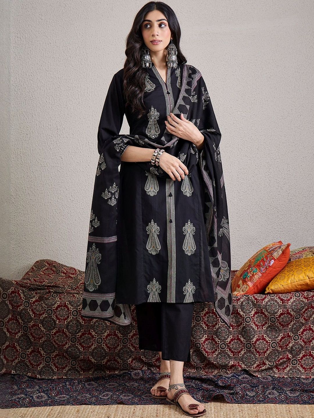 Women Ethnic Motifs Embroidered Cotton Kurta with Trousers & Dupatta
