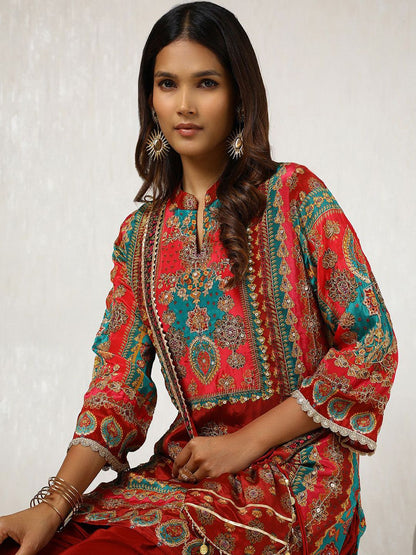 Dhiyona SO Women's Ethnic Motifs Printed Sequinned A Line Kurta with Dhoti Pants