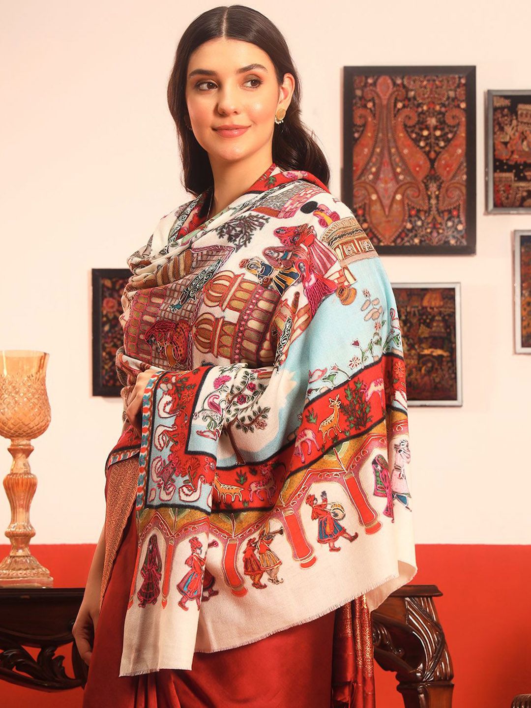 Dhiyona PA Ethnic Motifs Woven Design Naqqashi Pure Wool Kalamkari Shawl