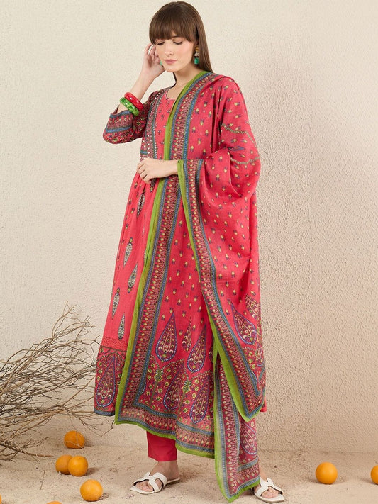 Women Ethnic Motifs Printed Panelled Pure Cotton Kurta with Trousers & With Dupatta