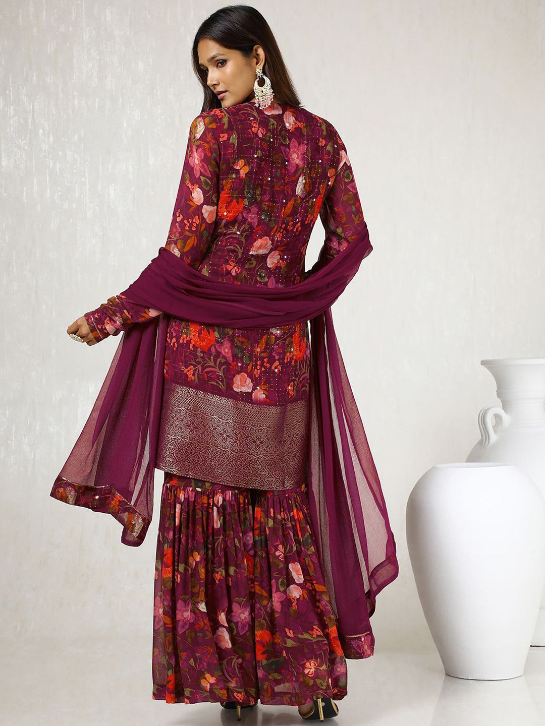 Dhiyona SO Women's Maroon Floral Printed Mirror Work Kurta With Sharara & Dupatta