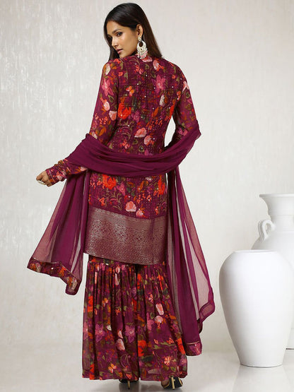 Dhiyona SO Women's Maroon Floral Printed Mirror Work Kurta With Sharara & Dupatta
