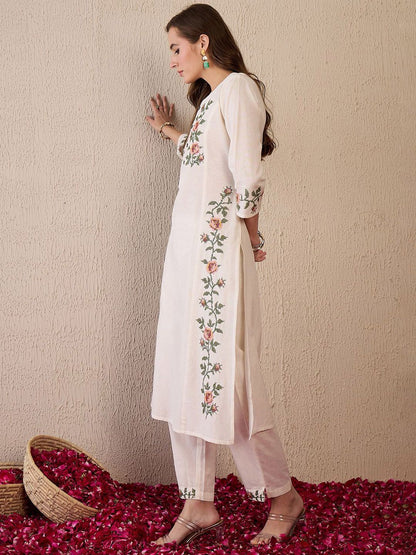 Women Floral Embroidered Regular Thread Work Pure Cotton Kurta with Trousers