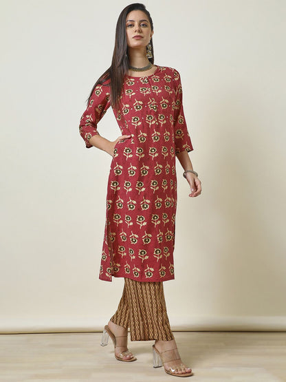 Dhiyona SO Women's Red Floral Embroidered Round Neck Straight Mirror Work Kurta With Palazzos
