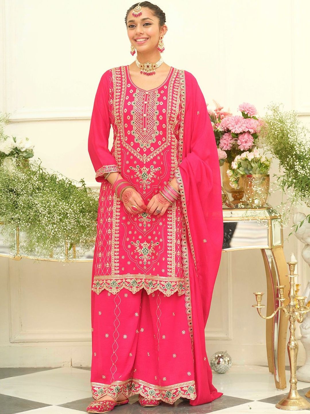 Women Ethnic Motifs Embroidered Regular Kurta with Palazzos & With Dupatta