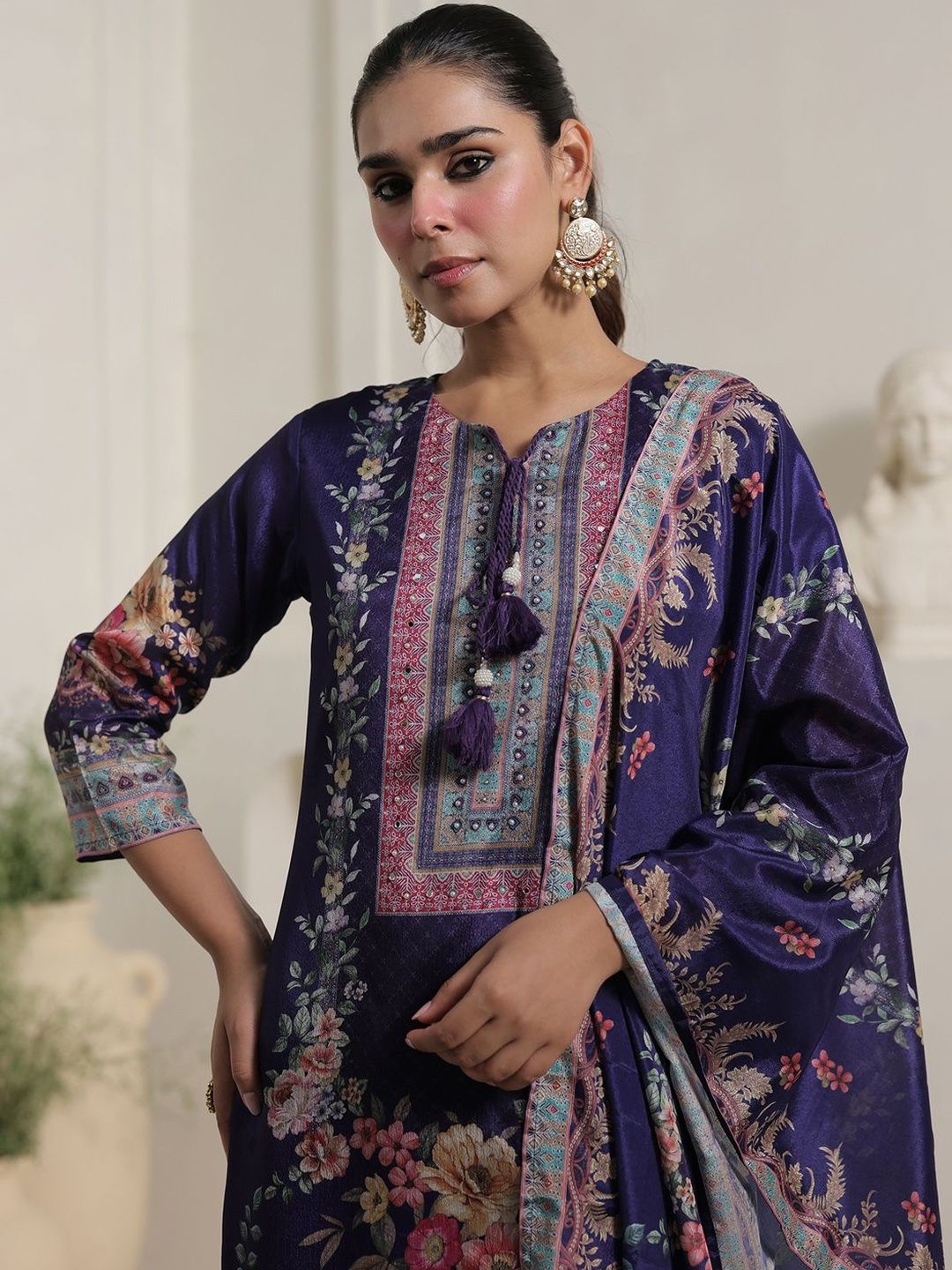 Motif Printed Notch Neck Chinon Mirror Work Straight Kurta & Palazzo With Dupatta