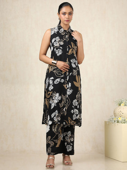 Dhiyona SO Women's Floral Printed Shirt Collar Sleeveless Straight Kurta With Palazzos
