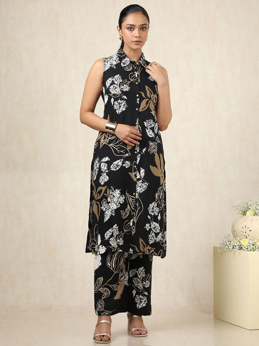 Dhiyona SO Women's Floral Printed Shirt Collar Sleeveless Straight Kurta With Palazzos
