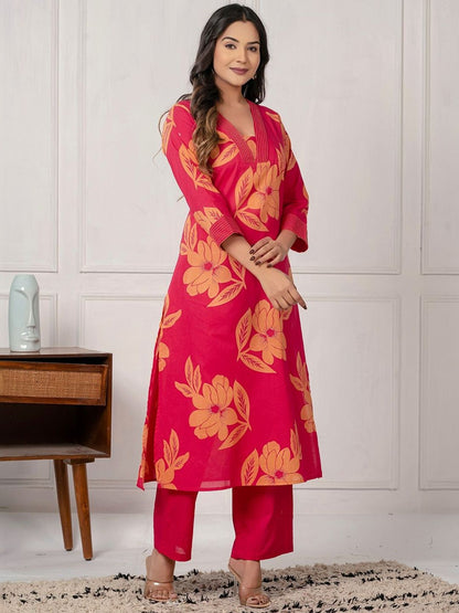 Women Floral Printed Regular Pure Cotton Kurta with Trousers
