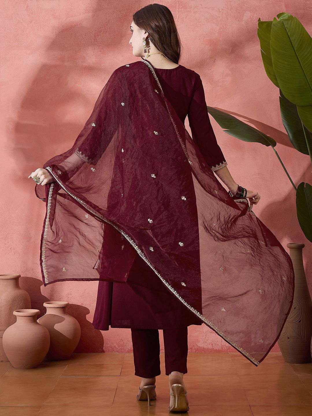 Dhiyona SN Women's Floral Embroidered Pleated Sequinned A-Line Kurta With Trouser And Dupatta