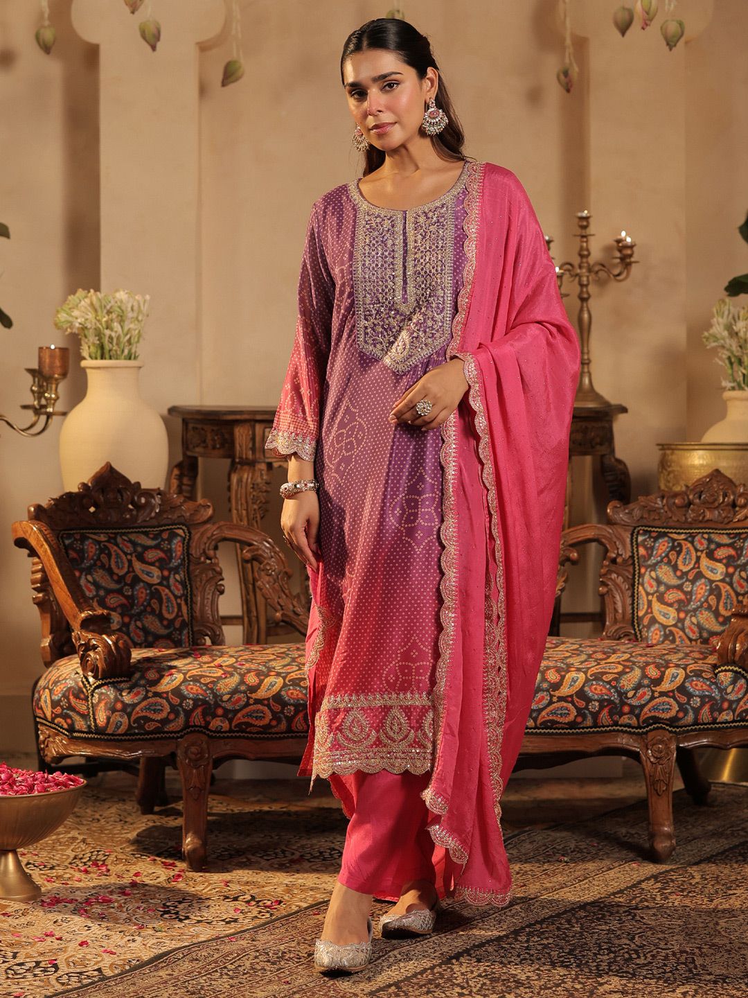 Dhiyona IE Women Bandhani Printed Kurta with Trousers & Dupatta