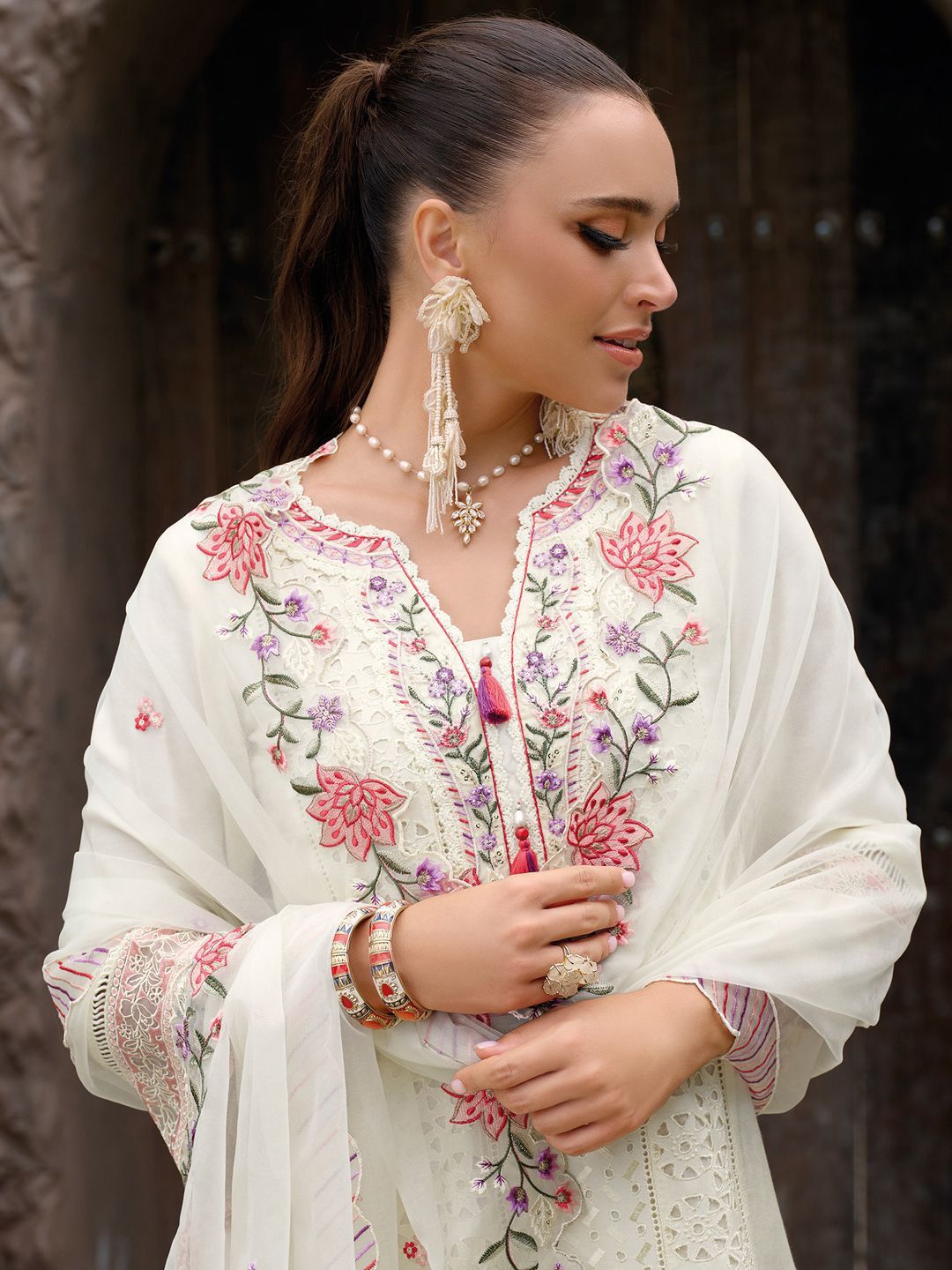 Floral Embroidered Regular Sequinned Kurta With Trousers & Dupatta