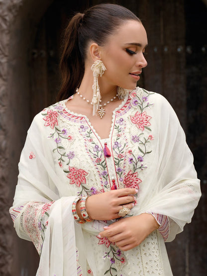 Floral Embroidered Regular Sequinned Kurta With Trousers & Dupatta