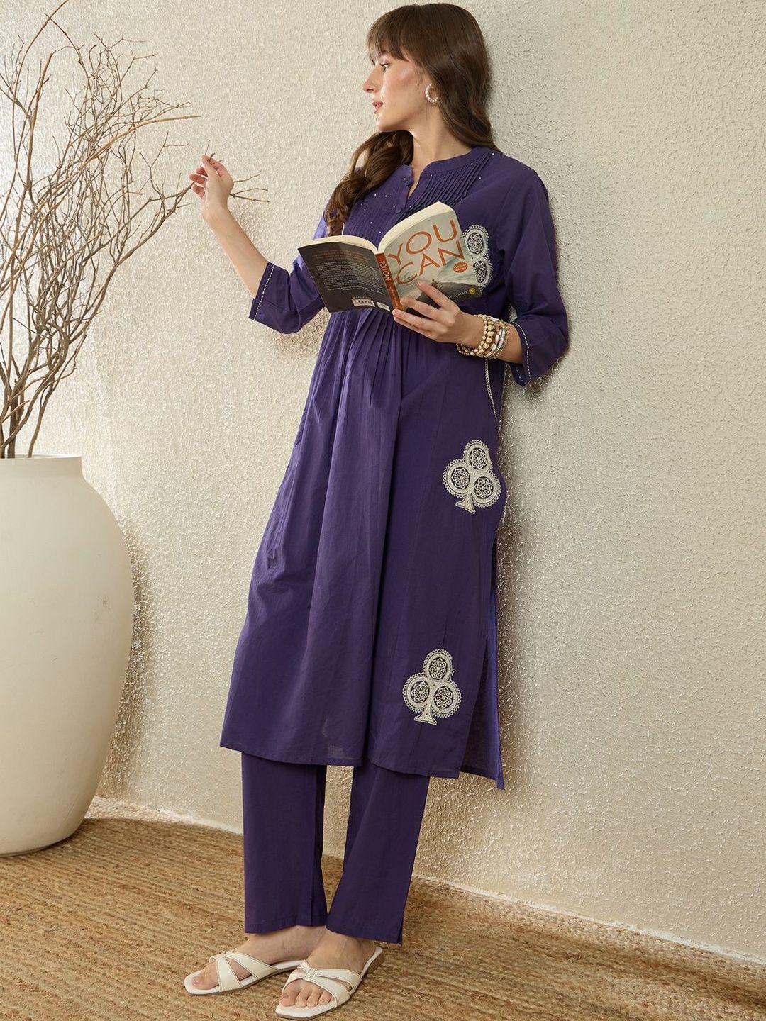 Women Ethnic Motifs Embroidered Pleated Thread Work Pure Cotton Kurta with Trousers