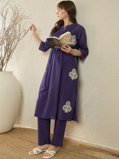 Women Ethnic Motifs Embroidered Pleated Thread Work Pure Cotton Kurta with Trousers
