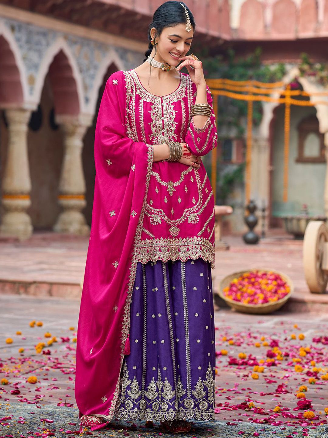 Dhiyona IE Floral Embroidered Sequinned Chinon Straight Kurta With Palazzos & Dupatta