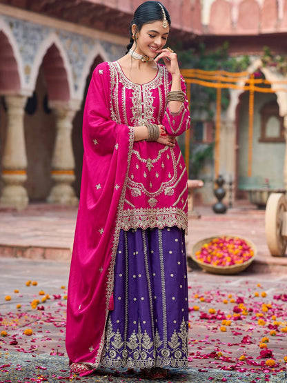 Floral Embroidered Sequinned Chinon Straight Kurta With Palazzos & Dupatta