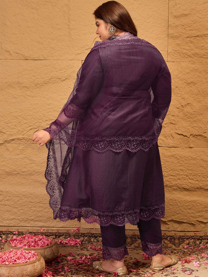 Dhiyona IN Floral Embroidered A-Line Kurta with Trousers & Dupatta